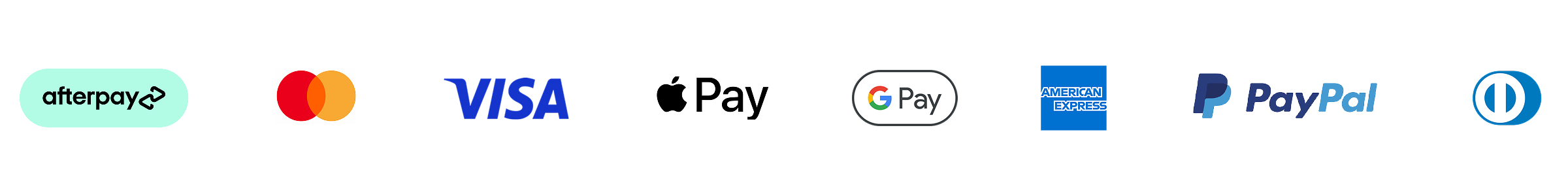 Payment logos_EN_Afterpay, Mastercard, Visa, ApplePay, GooglePay, Amex, PayPal, Diners - RATIO 8x1